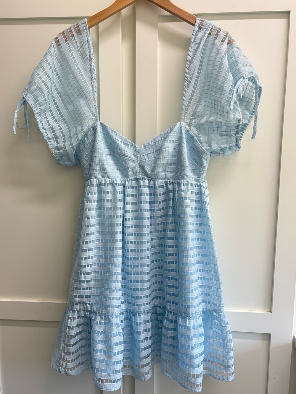 Amanda Uprichard Sicily Mini Dress Powder Blue Textured Puff Sleeve Medium - Picture 11 of 14